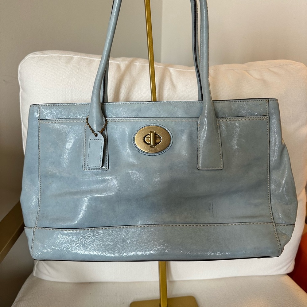 Coach Sky Blue Patent Leather Front Pocket Tote - Picture 4 of 14